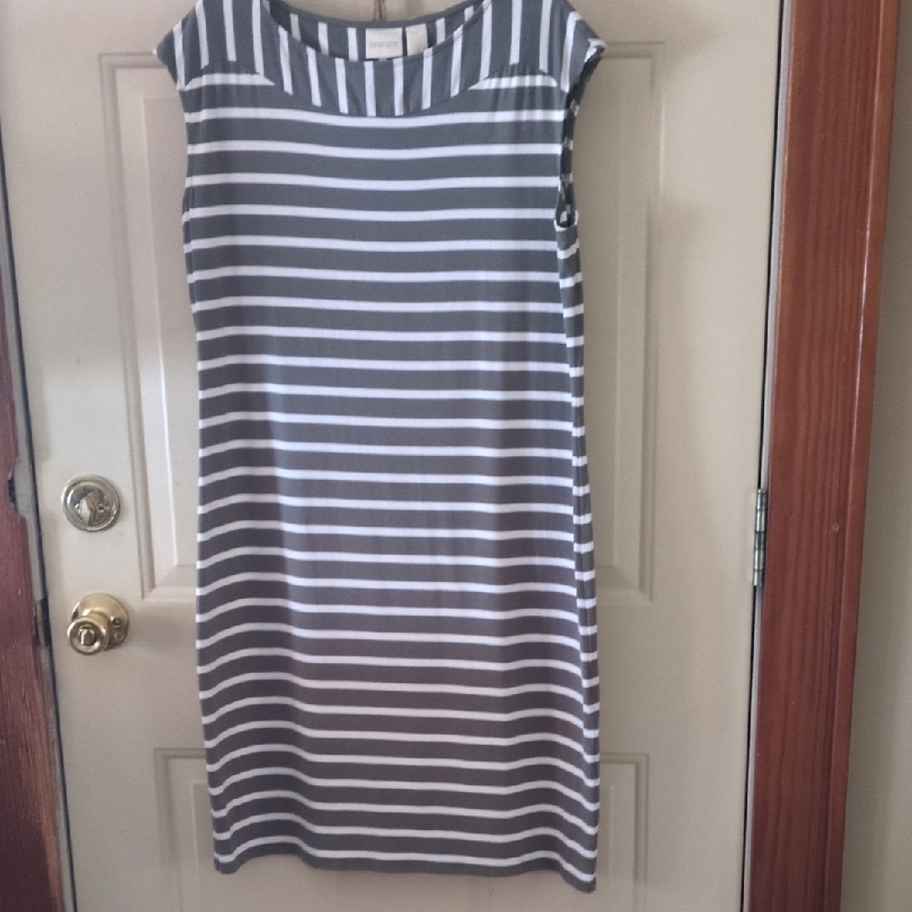 Chico's Striped Olive/White Knit Sleeveless Dress, Size Medium